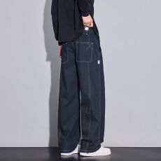 批发实拍2025秋冬新款原色经典牛仔裤男松紧腰宽松百搭拼接裤子