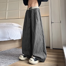 批发实拍2026秋冬新品美式复古格子阔腿裤男女简约宽松显瘦休闲裤