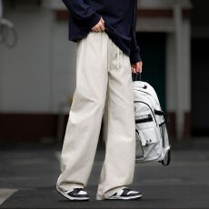 批发实拍2026秋冬新款美式洗水纯棉拼接休闲裤男宽松百搭系绳小弯刀裤