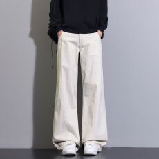 实拍2026秋冬新款美式洗水纯棉微喇休闲裤宽松直筒垂感弯刀裤