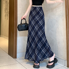 批发实拍 2025新款夏季轻薄纱质感格纹半身裙鱼尾裙显瘦格子气质长裙