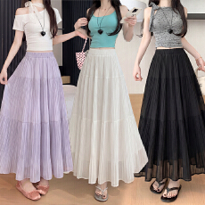 批发实拍 2026春夏新款压褶半身裙女高腰显瘦A字大摆伞裙<b class='q'>百褶</b>长裙