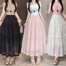 批发实拍 波点半身裙女2026夏季高腰显瘦拼接中长款木耳边a字蛋糕裙