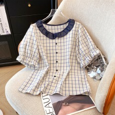批发实拍 夏季新款<b class='q'>娃娃领</b>格子宽松显瘦百搭短袖衬衫女上衣潮