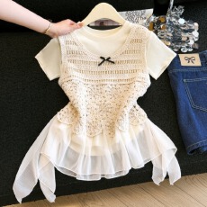 批发实拍 蕾丝拼接蝴蝶结吊带<b class='q'>背心女</b>夏新款百搭叠穿短袖T恤两件套装