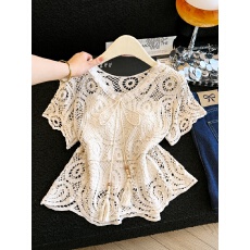 批发实拍<b class='q'>镂空</b>钩花雪纺拼接针织衫女设计感小众宽松显瘦别致洋气上衣潮