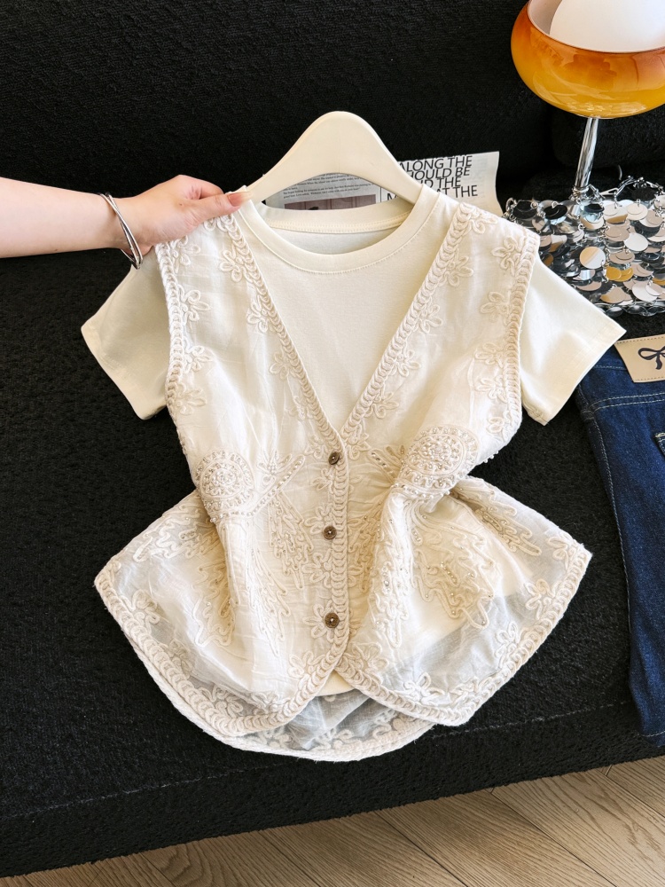 실사 여름 새로운 자수 홀로우 아웃 무거운 작업 구슬 조각 자수 레이스 베스트 다용도 반팔 티셔츠 투피스 슈트
