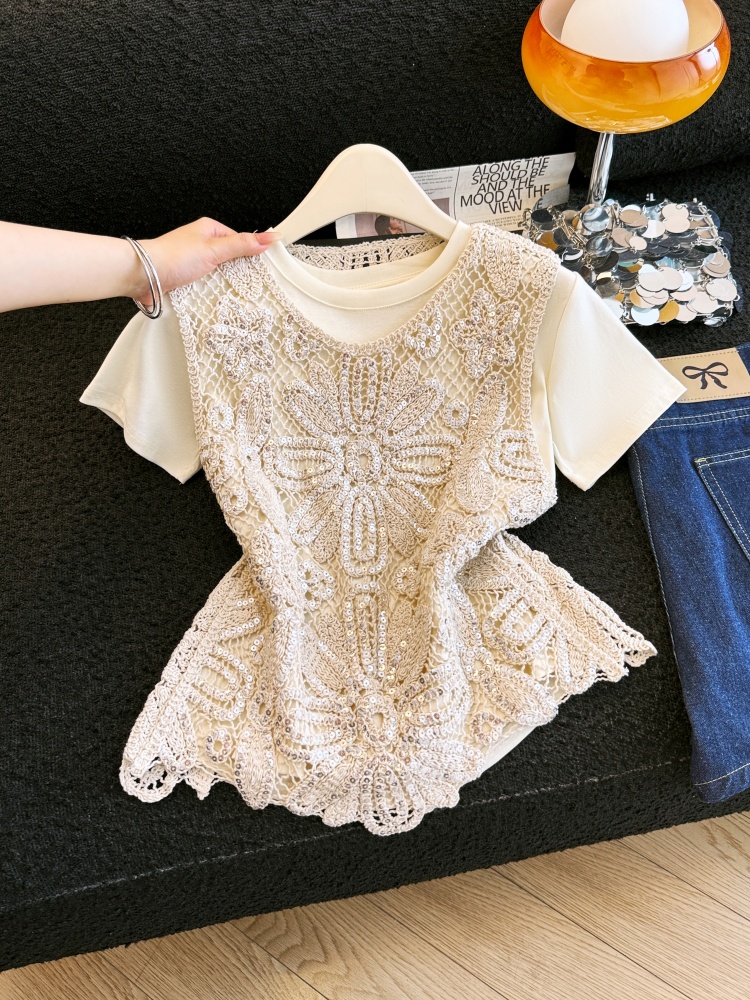 실사 여름 새로운 자수 홀로우 아웃 무거운 작업 구슬 조각 자수 레이스 베스트 다용도 반팔 투피스 세트