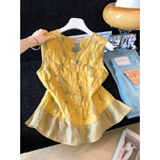 批发法式高级感提花木耳领无袖<b class='q'>衬衫</b>女夏季新款宽松小个子休闲百搭上衣
