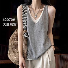 批发2025假两件<b class='q'>V领</b>针织吊带背心女夏季垂感天丝无袖<b class='q'>T</b><b class='q'>恤</b>