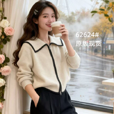 批发双拉链海军领开衫毛衣2025秋季慵懒风显瘦高级感针织外套