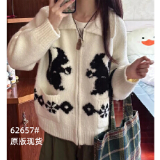 批发软糯温柔风撞色长袖毛衣外套秋冬新款拉链polo领宽松显瘦<b class='q'>针织</b><b class='q'>开衫</b>