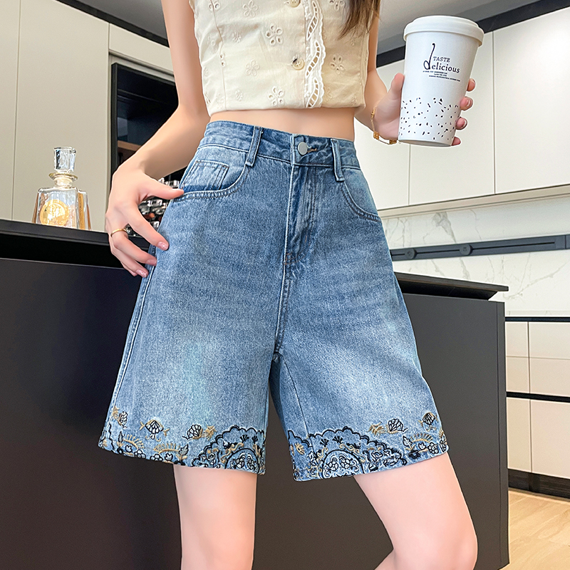 MY11332# 丹宁蓝刺绣直筒牛仔裤女夏季薄款高腰宽松设计五分裤女裝貨源...