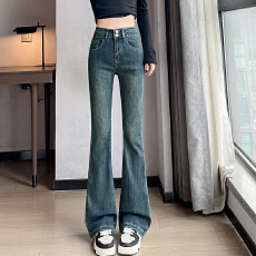 批发加绒加厚弹力牛仔高腰微辣裤女秋冬简约弹力牛仔马蹄裤