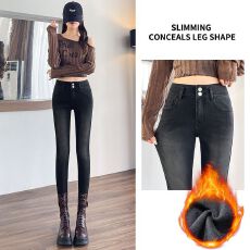 批发碳黑色高腰小脚<b class='q'>牛仔裤</b>女2025秋冬季加绒加厚修身收腹铅笔靴裤子女