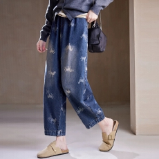 批发松紧腰<b class='q'>哈伦</b>印花大码<b class='q'>牛仔裤</b>2026春季时尚宽松阔腿百搭休闲裤
