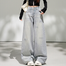 批发浅蓝色满天星烫钻阔腿<b class='q'>牛仔裤</b><b class='q'>女</b>2026年春季高腰显瘦遮胯直筒长裤