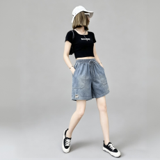 批发2026年夏季新款复古蓝牛仔短裤<b class='q'>松紧</b>腰宽松阔腿A字中裤
