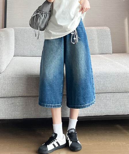 레트로 아메리칸 넓은 다리 7 점 청바지 여성 여름 새로운 2026 루즈핏 슬림해 보이는 배 종류 몸 스트레이트 반바지