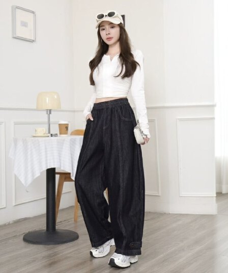 2026 년 가을 새로운 문예 바람 데님 와이드 레그 팬츠 빅 사이즈 바지