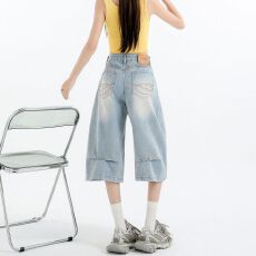 批发美式宽松牛仔七分裤女夏季个性裤脚宽松阔腿高街小个子直筒中裤女