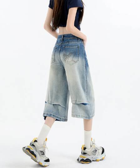 그라데이션 색상 데님 7부 바지 여성 여름 개성 바지 루즈핏 넓은 다리 높음 거리 작은 키 스트레이트 바지 여성