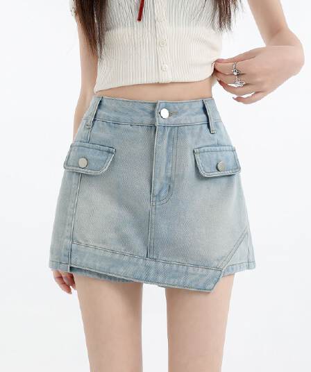 데님 미니 스커트 여성 여름 새로운 노출 방지 다용도 벨트 안감 워크웨어 슬림해 보이는 타이트 스커트 한 마디 미니 스커트 바지