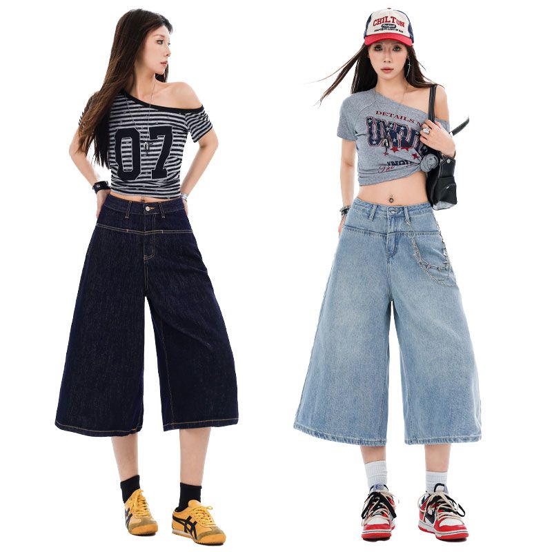 아메리칸 레트로 데님 7부 바지 여성 넓은 다리 스트레이트 바지
