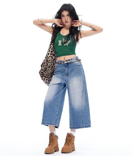 2026 아메리칸 레트로 하이웨이스트 루즈핏 와이드 레그 팬츠 다용도 도루 센스 마 오래된 스트레이트 7부 바지 데님 여성