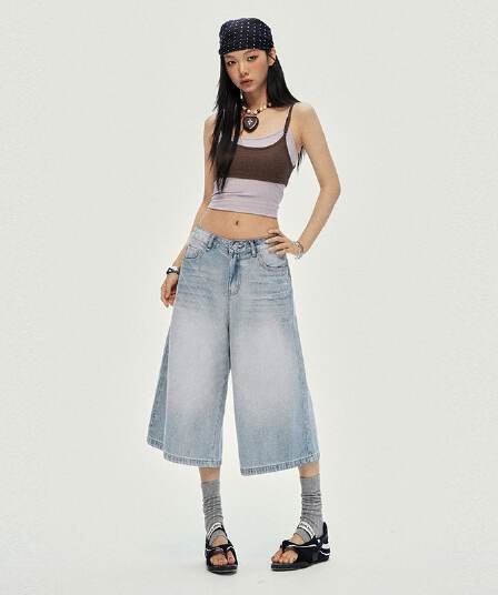 아메리칸 레트로 높음 거리 워싱 꽃꽂이 주름 장식 디자인 레트로 자수 다용도 넓은 다리 7부 바지 봄 여름