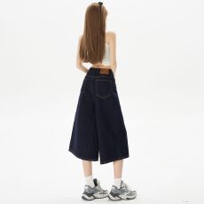 批发美式复古七分牛仔裤<b class='q'>女</b>2026新款高腰水洗宽松直筒阔腿<b class='q'>裤</b>