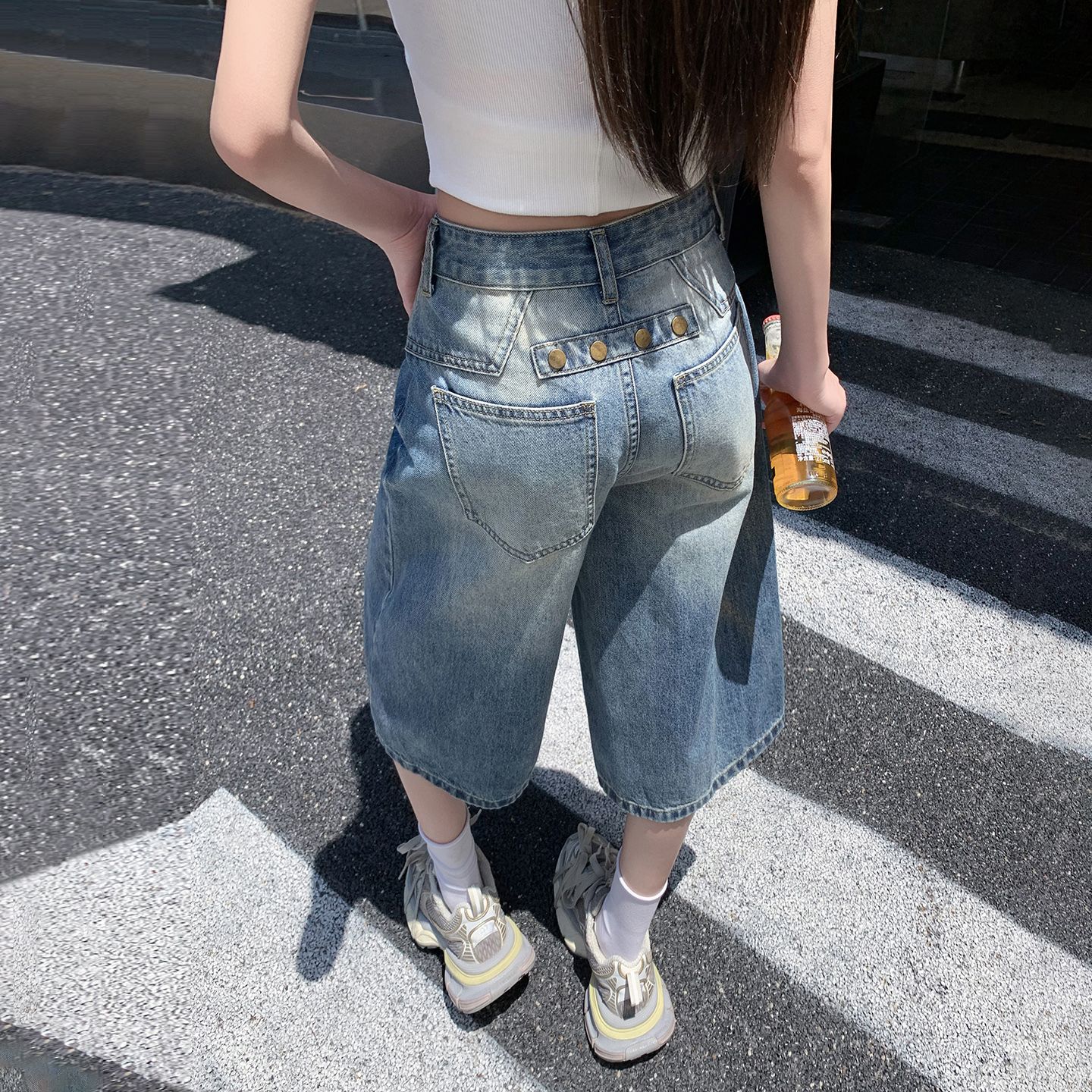 아메리칸 루즈핏 데님 7부 바지 여성 여름 개성 디자인 루즈핏 넓은 다리 높음 거리 작은 키 스트레이트 바지 여성