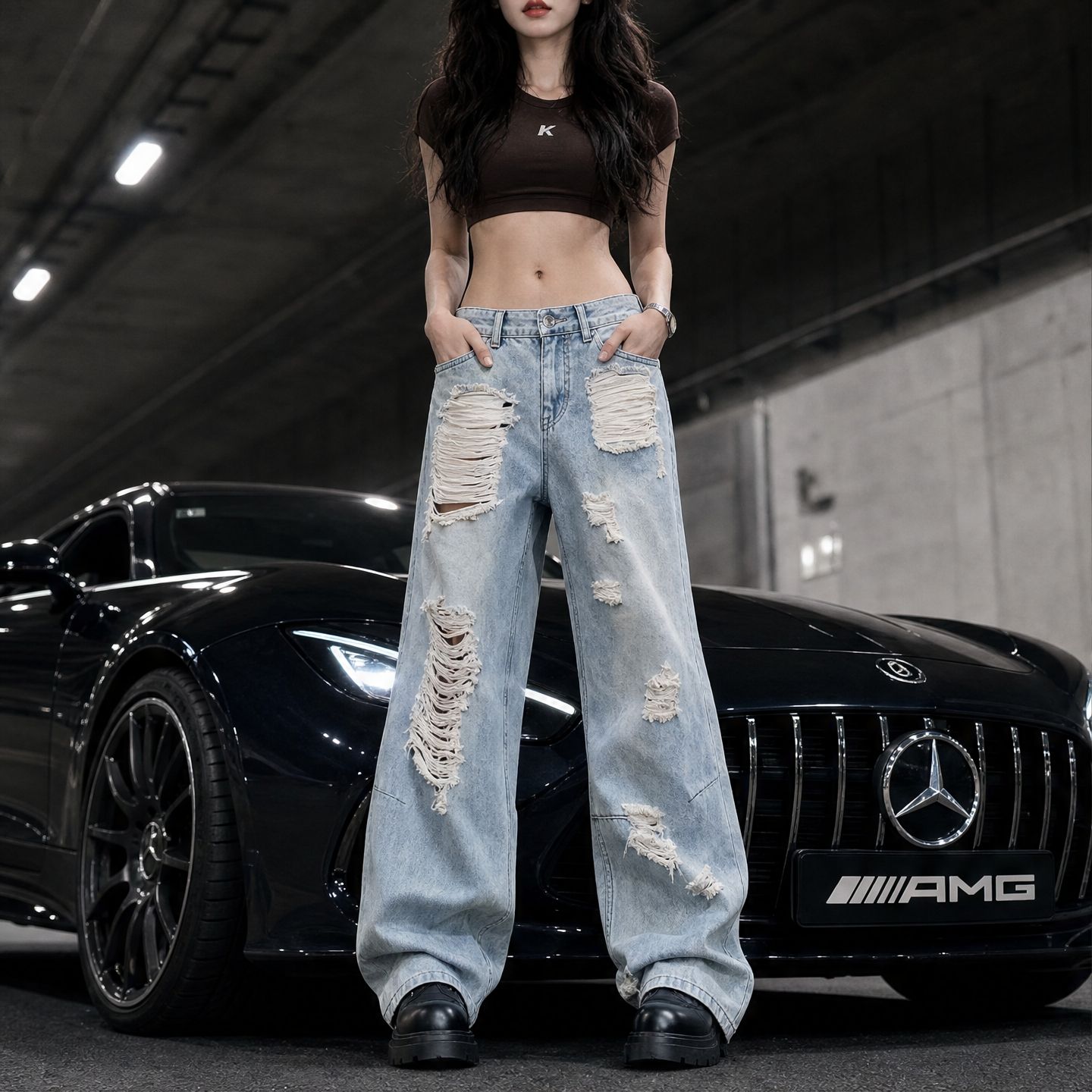 아메리칸 레트로 거리 바람 찢어진 부분 청바지 여성 여름 높음 거리 디자인 센스 스트레이트 루즈핏 슬림해 보이는 와이드 레그 팬츠