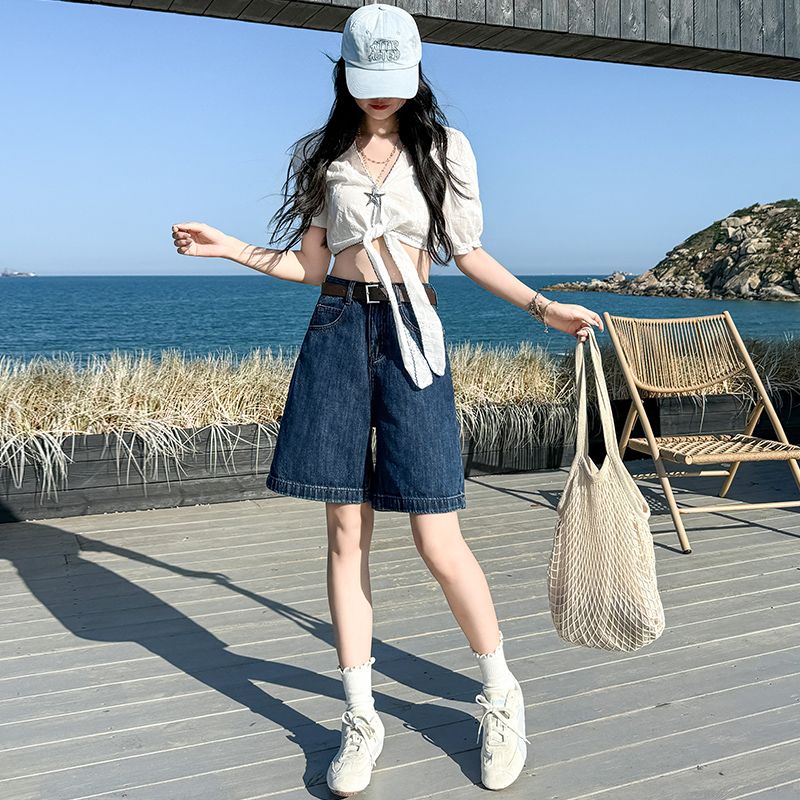 데님 5 점 반바지 여성 파란색 레트로 선물 벨트