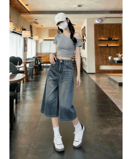 아메리칸 높음 거리 넓은 다리 청바지 여성 년 여름 새로운 7 분 바지 슬림해 보이는 스트레이트 청바지 반바지