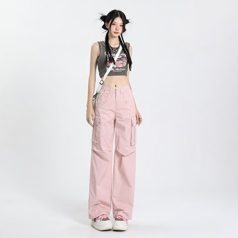 아메리칸 핑크색 워크웨어 팬츠 데님 여성 여름 루즈핏 스트레이트 넓은 다리 다용도 캐주얼 바지