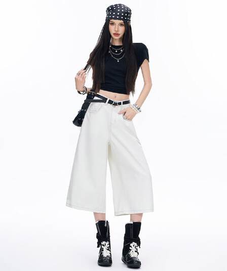 아메리칸 레트로 항구 바람 루즈핏 와이드 레그 팬츠 다용도 도루 센스 스트레이트 7부 바지 작은 키 청바지 여성