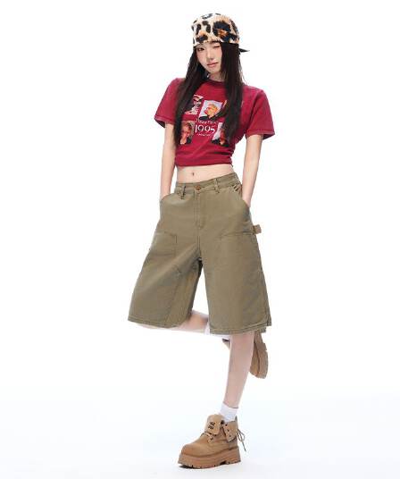 새로운 깊은 카키 워싱 마 오래된 기타 주머니 야외 오부 바지 캐주얼 워크웨어 반바지 남녀
