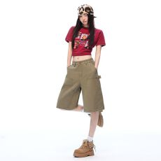 批发新款深卡其水洗做旧多口袋户外五分裤休闲工装短裤男女
