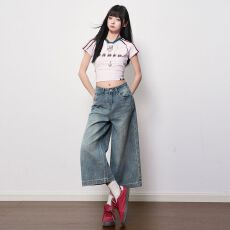 批发复古蓝做旧磨白肌理感八分女士<b class='q'>牛仔裤</b>2026夏季新款宽松休闲阔腿裤