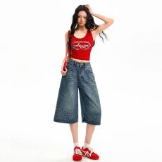 批发美式烫钻高腰阔腿<b class='q'>牛仔裤</b>女2026年春夏新款宽松休闲百搭中裤
