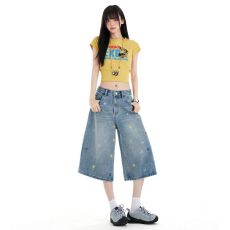 批发彩色多巴胺立体绣花七分<b class='q'>牛仔裤</b>女2026夏季新款宽松小众设计感中裤