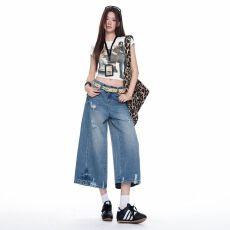 批发水洗破洞无弹八分<b class='q'>牛仔裤</b>女2026年夏季新款慵懒风宽松阔腿裤