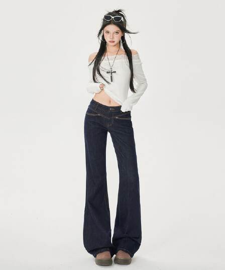 아메리칸 레트로 이전 열기 가방 디자인 루즈핏 부츠컷 청바지 여성