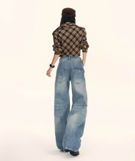 아메리칸 마 오래된 3 차원 고양이 반드시 플리츠 청바지 여성 넓은 다리 모통이 칼 바지