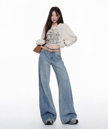 워싱 하늘색 넓은 다리 모통이 칼 청바지 여성 가을 2026 새로운 키 큰 남자 슬림해 보이는 루즈핏 스트레이트 바지