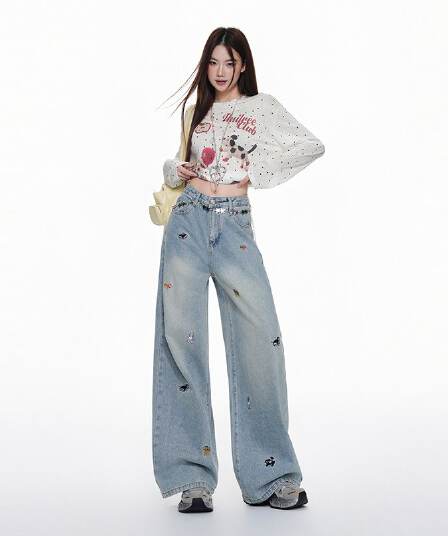 아메리칸 레트로 강아지 자수 넓은 다리 청바지 여성 가을 새로운 2026 로우 웨이스트 루즈핏 슬림해 보이는 스트레이트 바지
