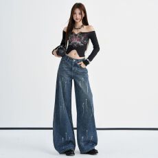 批发深蓝色<b class='q'>亚麻</b>烫银设计感牛仔裤女2026早秋新款高腰复古宽松弯刀裤