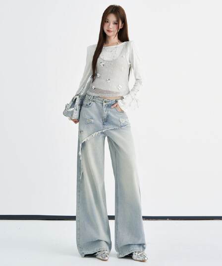 하늘색 한 부서 핫걸 페이크 레이어드 찢어진 부분 거친 가장자리 디자인 센스 청바지 여성 이른 가을 새로운 작은 대중 다용도