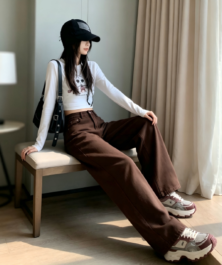 아메리칸 커피 색상 좁은 에디션 넓은 다리 청바지 여성 가을 새로운 레트로 하이웨이스트 슬림해 보이는 바닥 청소 스트레이트 팬츠